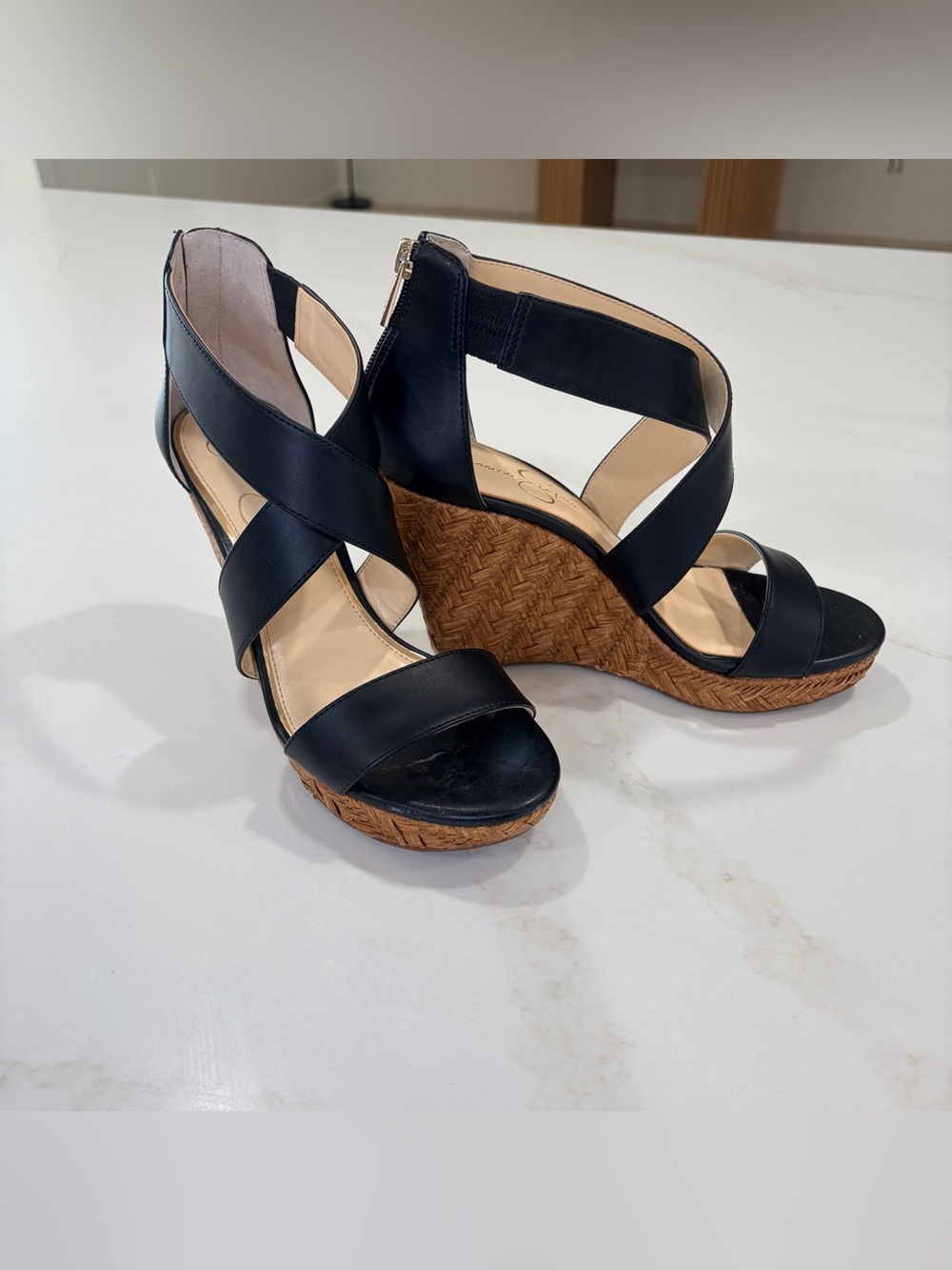 Jessica Simpson Black Crisscross Wedge Sandals with Woven Tan Platform
